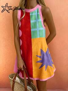 Sea Starshine Spring/Summer New Arrival: Bohemian Style "Dopamine" Color Block A-Line Dress - Features Star And Geometric Prints Elegant - Multicolor - View 4