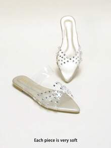 Rhinestone-Embellished Clear Strap Pointed Toe Flat Slide Sandals - Gold - View 1