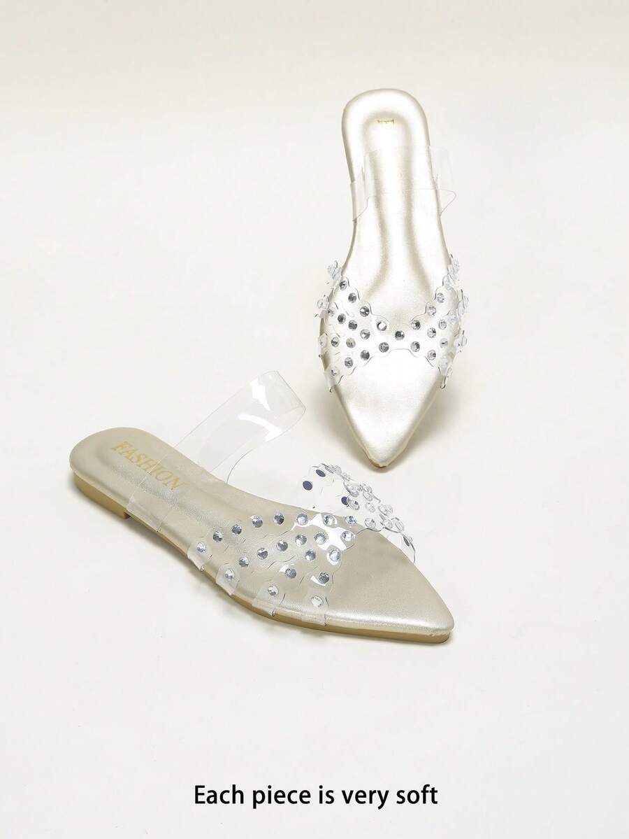 Rhinestone-Embellished Clear Strap Pointed Toe Flat Slide Sandals - Gold - View 1