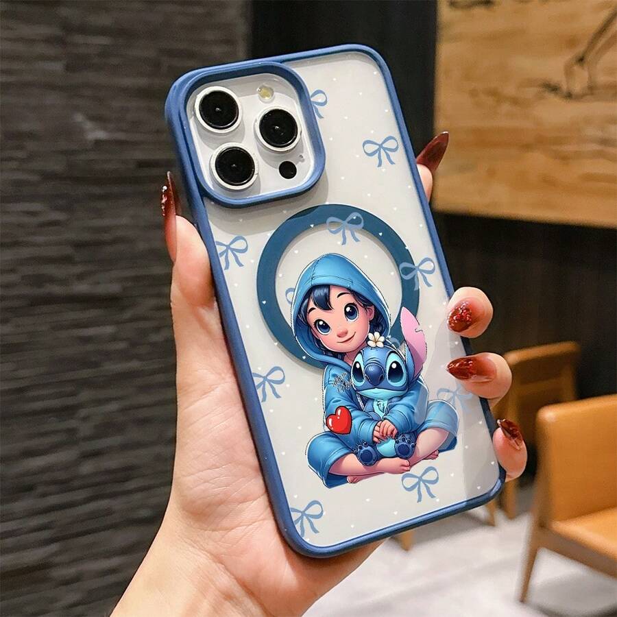 Cute Disney Lilo & Stitch Phone Case For IPhone 17/16/15/14/13/12/11 Pro, Blue Hoodie Design With Bows Background, Shockproof Cover, Perfect For Girls - 藍色 - 查看 1