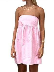 Women Tube Dress Solid Color A-Line Dress Strapless Dress Summer Backless Mini Dress - 粉色 - 查看 1