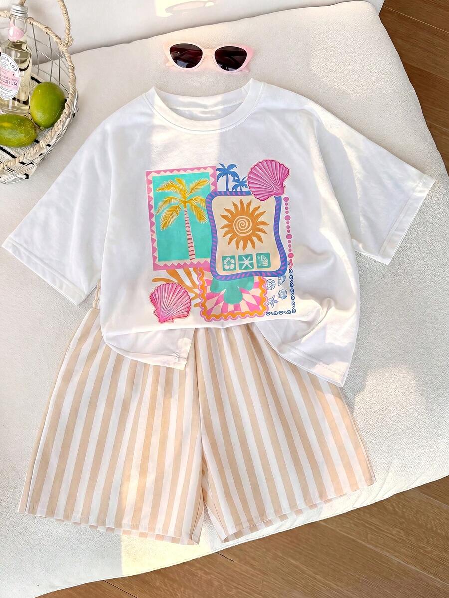 2pcs/Set Girls Toddler Vacation Style T-Shirt & Striped Shorts Set - Apricot - View 1