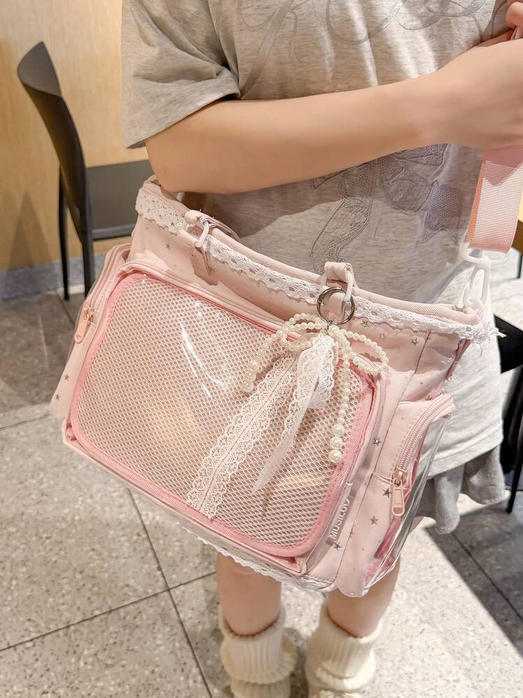 1個日系軟妹清新百搭女款肩背包，高品質尼龍材質搭配滿版星星印花，蕾絲飾邊增添優雅細節，2D JK 動漫展 DIY 透明裝飾包，雙側口袋附透明層，大容量休閒托特包適合學生攜書上課，可愛甜美高質感女包，防水尼龍面料，痛包可用於展示動漫周邊、參加漫展、購物、派對及旅行 - 粉色 - 查看 8