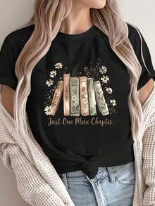 Camiseta casual de manga corta y cuello redondo para mujer | Estampado floral de libro, tejido transpirable, apta para todas las estaciones - Negro - Ver 2
