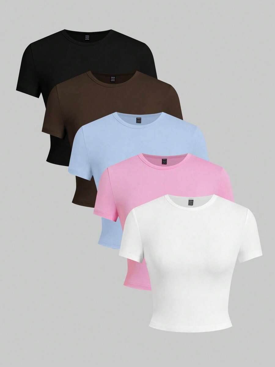Set Of 5 Solid Color Fitted Tank Tops, Sleeveless - Blue - View 1