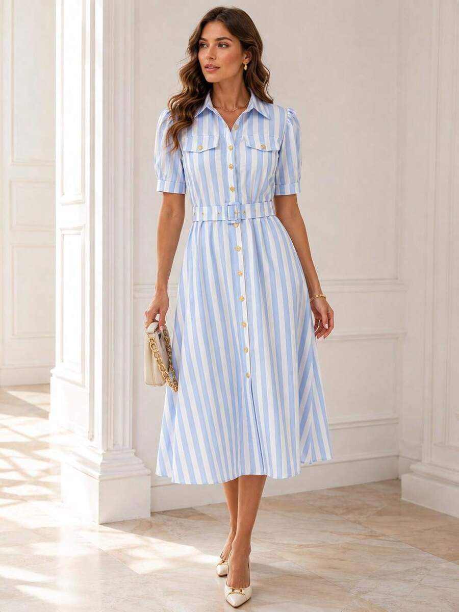 Luxury Women's Midi Shirt Dress, Striped In Blue And White, With Puff Sleeves And Belt, Perfect For A Chic Summer Look. - 淺藍色 - 查看 1