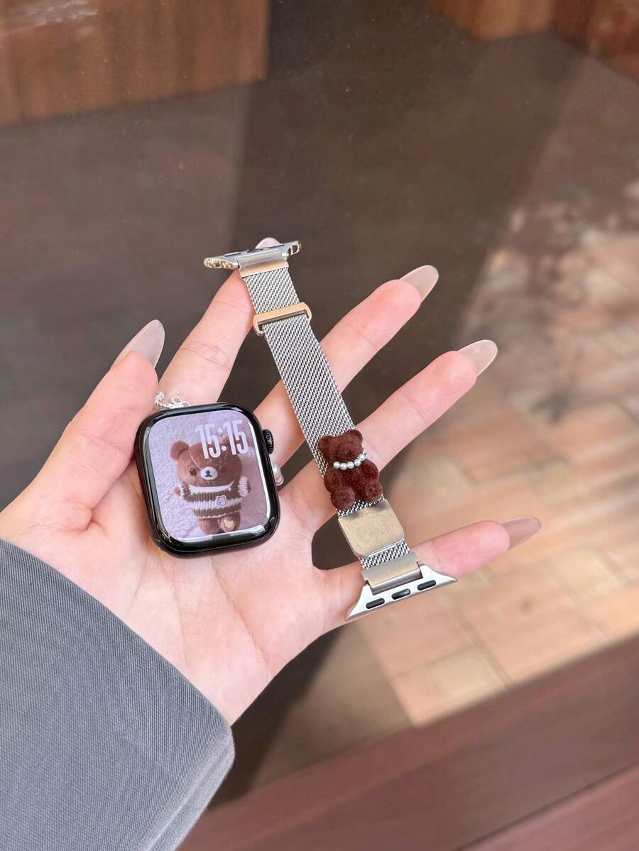 New High-Density Stainless Steel Milanese Metal Band, Compatible With Apple Series 11/10/9/8/7/6/5/4/3/2/1, SE, Ultra, Cute Magnetic Bear Decoration, 38mm/40mm/41mm/42mm/44mm/45mm/49mm, Waterproof, Breathable, Durable, Perfect Replacement Band Gift For Women, High Aesthetic Value, Practical, Watch Accessory