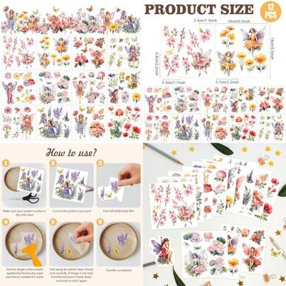 12 Sheets Flower Fairy Rub On Transfer Flowers And Flower Fairy Rub On Transfer Stickers Spring Summer Rub On Decal Stickers For Wood Paper Furniture DIY Crafts, 5.5 X 5.5 Inches