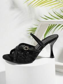 NANBEI ZUO Fashionable Lace Mesh Upper Elastic Band Design Black Stiletto High Heel Sandals, Summer New Korean Style Front Buckle Decor Daily Versatile Commute High Heel Sandals, Suitable For Dating - Black - View 9
