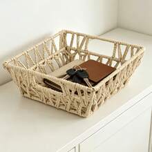 Simple Square PVC Rattan Storage Basket, Beige, Gray, White, Hand-Woven Breathable Structure For Home & Dorm Use, Sundry Organizer, Fruit Container, Desktop Arrangement Bin - Storage Baskets - View 3
