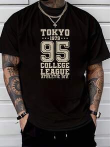 T-shirt à manches courtes en pur coton pour hommes, imprimé graphique Tokyo 1979, style vintage College League Athletic Div., top décontracté pour le quotidien - Noir - Voir 1