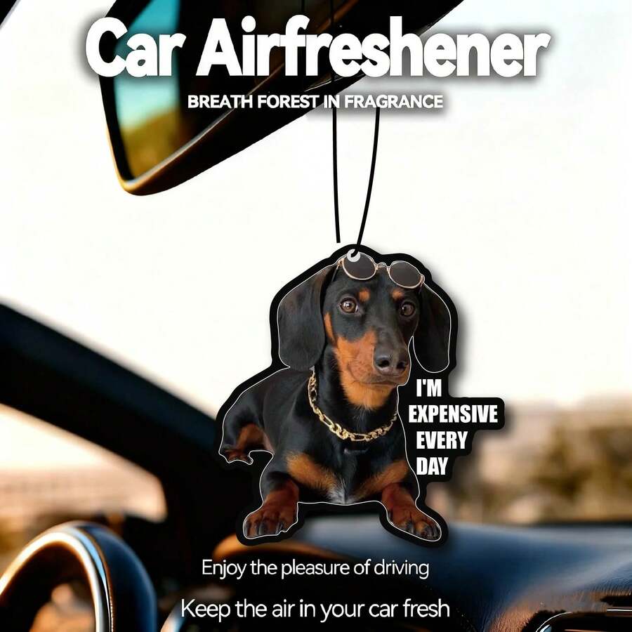 Funny Dog Design Car Hanging Air Freshener, Cool Puppy With Fashion Glasses & Gold Chain Plus Quote "I'M EXPENSIVE EVERY DAY" Scent Paper Ornament, Auto Rearview Mirror Decor, Funny Gift For Dog Lovers - A - View 1
