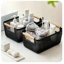 Black Rectangular Steel Mesh Storage Basket With Wooden Handle, Suitable For Pet Toys, Storage Cabinets, Pantries, Closets, Kitchens And Cosmetics - View 4