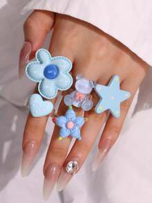Set 5 buah cincin resin motif bunga biru, beruang, bintang, dan hati yang lucu, modis, elegan, dan unik, cocok untuk pemakaian sehari-hari dan pesta liburan. - MultiWarna - View 2