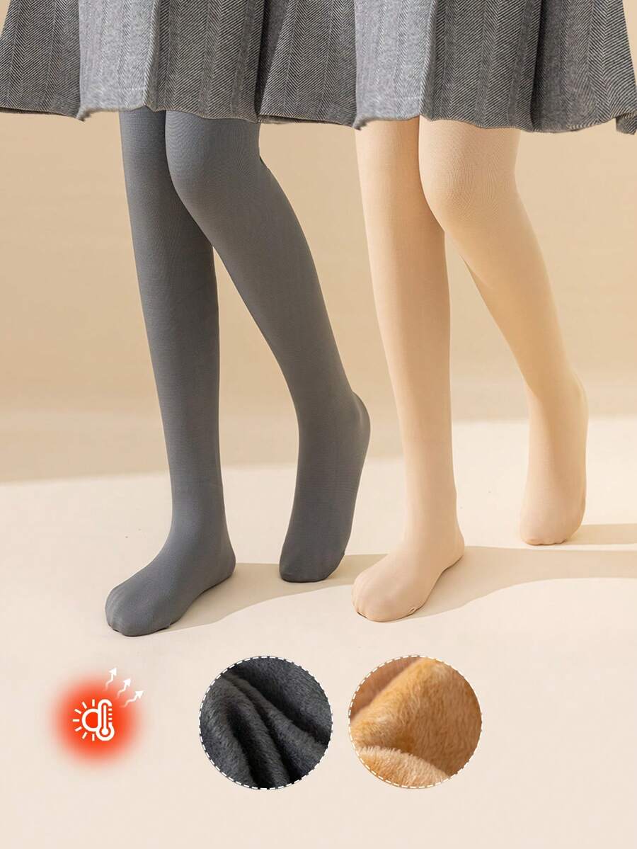 2/1 Pair Girls Kids Toddlers Leggings, Solid Colors: Gray, Beige, Skin Tone, Khaki, Camel, Stirrup Tights, Stirrup Leggings, Thermal Lined Pants, Suitable For Daily Wear Tights, Simple & Versatile Stirrup Pants, Smooth Surface, Soft & Skin-Friendly, Academic & Princess Style - Multicolor - View 1