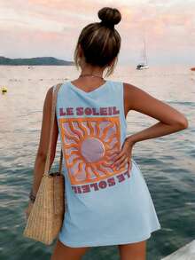 Vestido casual de moda Y2K bohemio para mujer con cuello redondo, estampado de letras en inglés y sol, elegante para la vuelta al colegio y brunch de primavera/verano - Azul - Ver 5