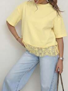 Spring New Solid Color Knit Fabric Lace Patchwork Short Sleeve T-Shirt, Casual, Sports, Office Wear For Spring/Summer - Yellow - View 7