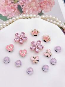 14pcs DIY Detachable Garden Shoe Charms, Pink Alloy Glass Rhinestone Flower, Heart, Crown, Butterfly Shoe Clips, Multi-Functional Shoe Accessories For Women's Sandals, Slippers, Beach Bags, Perfect For Holiday And Birthday Party Gifts - Pink - View 3