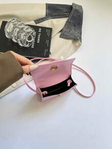 Mini Small Bag V-Shaped Embossed Solid Color PU Ruffled Edge Bow Handbag Flap Crossbody Women's Bag - Pink - View 5
