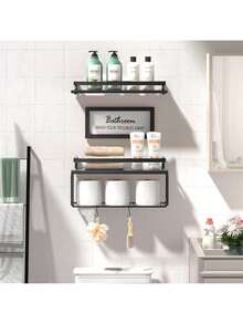 TAIMASI Floating Shelves, Bathroom Shelves Over Toilet With Wall Decor Sign, Wood Wall Shelves With Protective Metal Guardrail & Paper Storage Basket For Bathroom, Bedroom, Living Room, Kitchen - Great For Christmas, New Year's, Valentine's Day - 黑胡桃 - 查看 2