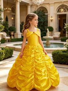 8pcs Girls Yellow Sleeveless Ruffled Full Skirt Dress, Crown, Magic Wand, Necklace, Bracelet, Gloves Costume Set, Children Role Play Outfit For Party, Birthday, Christmas, Carnival - Yellow - View 4