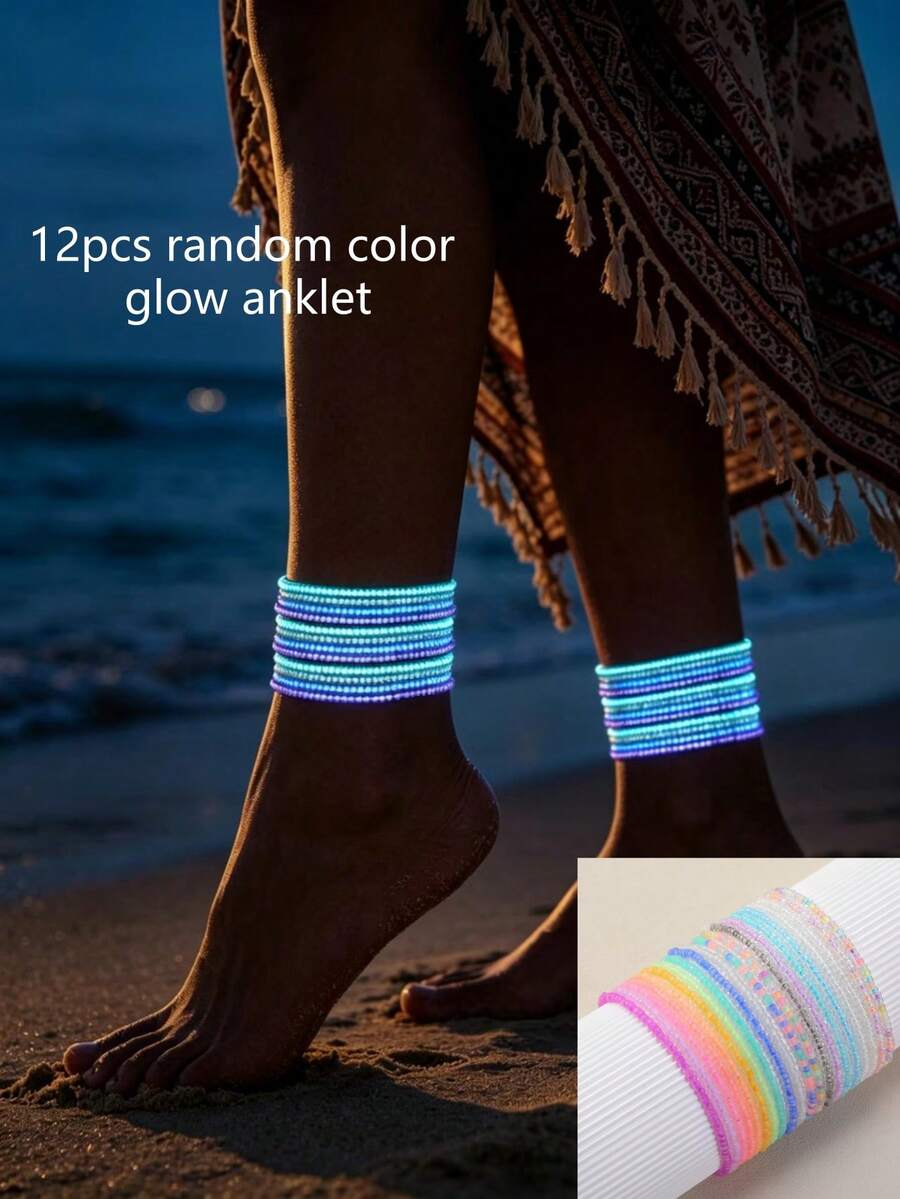 12pcs Bohemian Beach Vacation Colorful Seed Bead Glow-In-The-Dark Elastic Anklet Set For Women - Multicolor - View 1