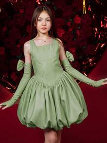 Vestido Elegante de Festa com Laço Vermelho para Meninas Pré-Adolescentes, Saia Bufante, Vestido de Princesa, Adequado para Festa de Aniversário de Meninas, Banquete Noturno, Gala, Baile, Dama de Honra de Casamento, Vestido de Dama de Honra - Verde Menta - Visão 2