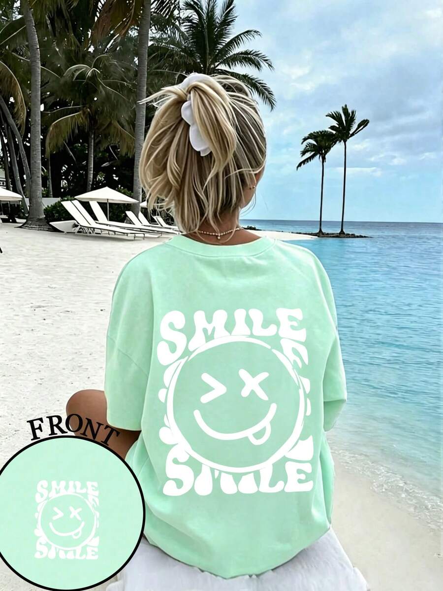 少女休闲趣味印花圆领短袖T恤,夏季上衣 - 薄荷綠 - 查看 1