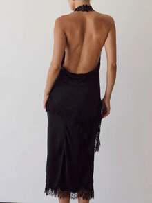 2 Piece Outfit Satin Halter Midi Slip Dress Matching Shrug Eyelash Lace Trim Open Back Cowl Neck Party Evening Set - Black - View 7
