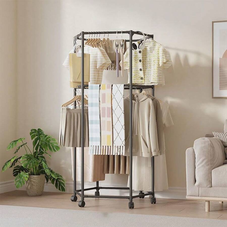 Clothes Rack With Wheels, Rolling Hexagonal Clothes Rack, Clothes Drying Rack, Clothes Storage For Bedroom, Laundry Room, Balcony (68" High) - 1 - View 1