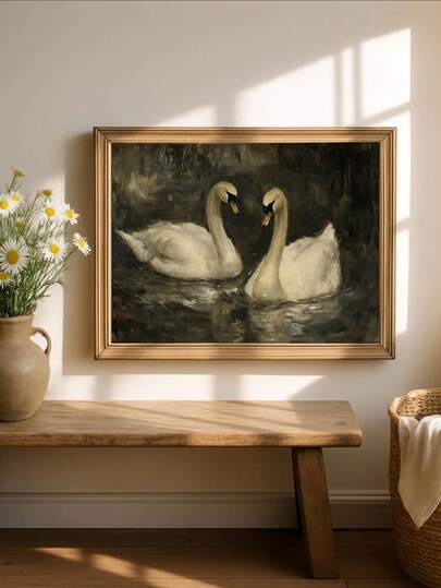 1pc Framed/Unframed Swan Decorative Painting, Pink & Green Color Scheme White Swan Pair Print, Atmospheric Swan Wall Art, Romantic Dark Tone Country Style Decor, Vintage Swan Wall Art Print, Suitable For Living Room, Bedroom Romantic Atmosphere Cottagecore Modern Home Decor