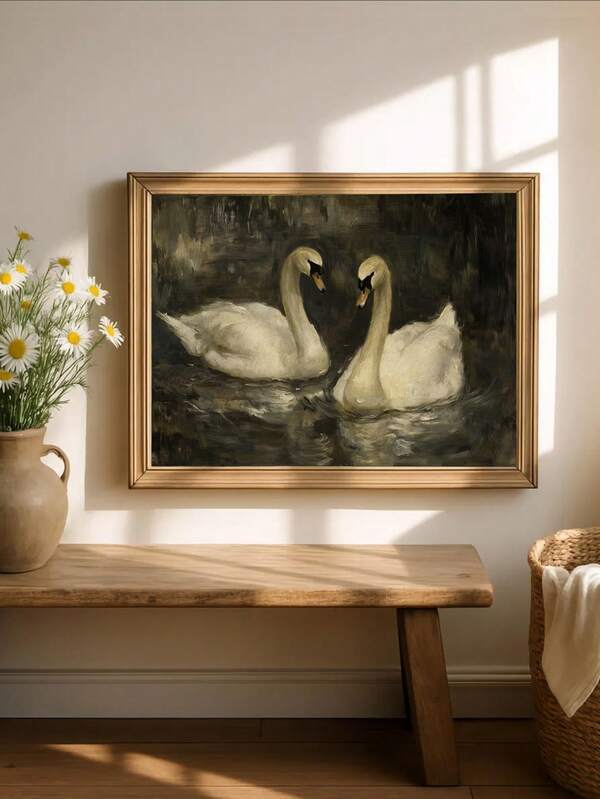 1pc Framed/Unframed Swan Decorative Painting, Pink & Green Color Scheme White Swan Pair Print, Atmospheric Swan Wall Art, Romantic Dark Tone Country Style Decor, Vintage Swan Wall Art Print, Suitable For Living Room, Bedroom Romantic Atmosphere Cottagecore Modern Home Decor