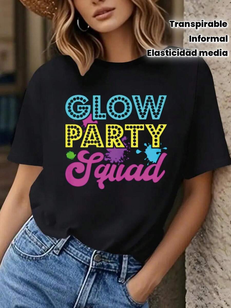Camiseta Gráfica Glow Party Squad para Mujer - Conjunto de Fiesta Neon, Cuello Redondo Transpirable para Eventos y Ropa Casual - Lavable a Máquina, Moda Veraniega, Elástico Medio, Manga C