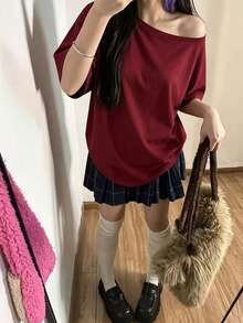 女款露肩白色短袖T恤，高彈性正裝聚酯纖維休閒/辦公穿著上衣，夏季紅色 - 紅色 - 查看 4