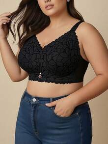 Plus Size Women French Romantic Lace Sexy Bra, Lightweight Slimming Lift & Support Wireless Bra, Suitable For Spring/Summer - Black - View 3