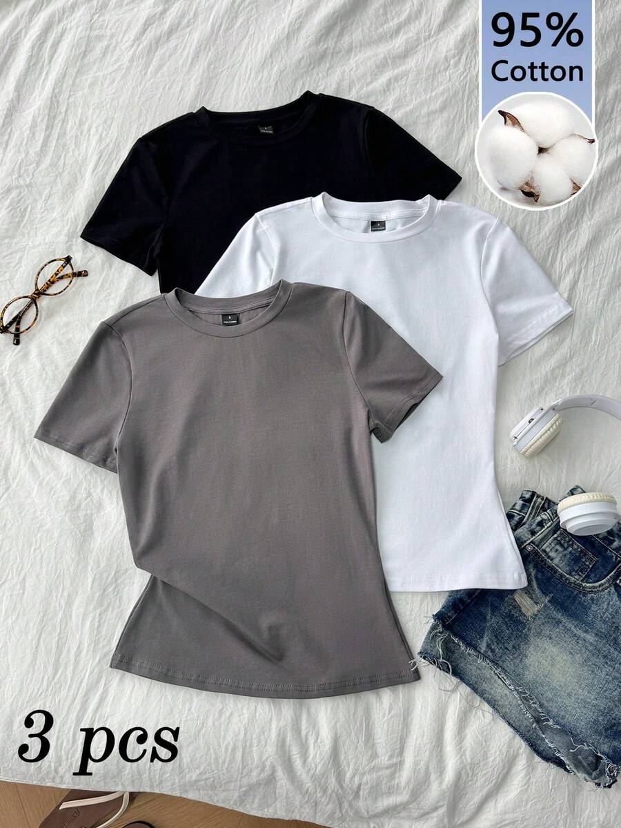 Set Of 3 Slim-Fit Long-Sleeved T-Shirts With Round Neck, 95% Cotton, Minimalist And Casual Style For Women - 多色 15 - 查看 1