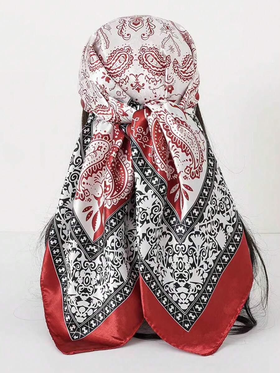 1pc Women's Red & White Paisley Print Square Scarf, 90cm Large Satin Square Scarf, Silky Touch, Can Be Used As Headband Or Headscarf, Suitable For Matching With Dresses - Red and White - View 1