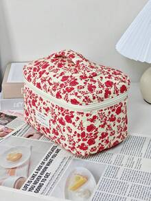 1 Stück/Set rote gesteppte Blumen-Make-up-Tasche mit großer Kapazität, Kosmetik-Aufbewahrungstasche mit Boho-Muster, Make-up-Pinsel-Organizer, Make-up-Box, Kulturbeutel, Strandurlaub, Abschlusszeit, Schulanfang, Reiseessentials, Zimmer, Badezimmer, Feiertagsgeschenk - Rot - Übersicht 7