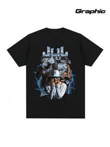 2026Year,French Rapper Jul Street Style T Shirt,Unique Pattern,Casual Style,Hip-Hop Style,Unisex Short-Sleeve Style. - 黑色 - 查看 1