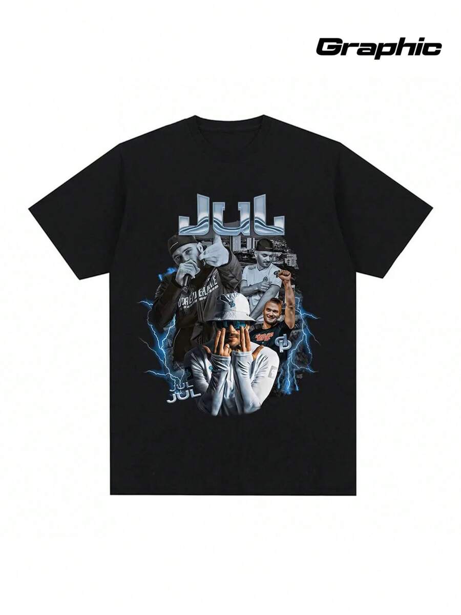 2026Year,French Rapper Jul Street Style T Shirt,Unique Pattern,Casual Style,Hip-Hop Style,Unisex Short-Sleeve Style. - 黑色 - 查看 1