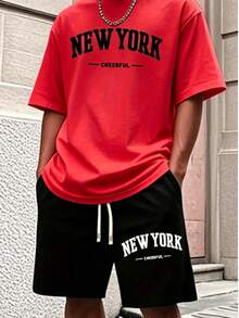 Men'S New York Casual Short Sleeve Black With White Lettering Casual Style| Comfortable Fit, PLUS SIZE  Men's Casual Outfit, Cotton Sportswear Set - 紅色 - 查看 8