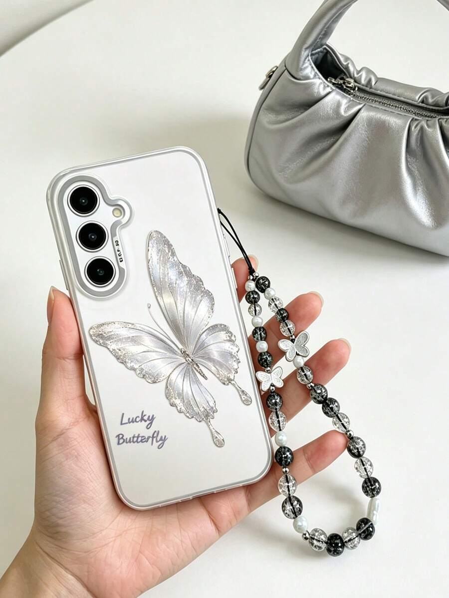 1PC Luxury Colorful Silver Butterfly Phone Case With Beaded Lanyard, Premium Anti-Drop Protective Shell, Anti-Drop IMD Colorful Silver Phone Case, Soft Edges, Compatible With Apple Phone Case 17promax/17pro/17plus/17/16promax/16pro/16plus/16/11/11pro/11promax/12/12pro/12promax/13/13pro/13promax/14/14plus/14pro/14promax/15/15plus/15pro/15promax, Galaxy S21/22/23/24/25 Ultra/A14/A15/A16/A36/A52/A53/A54/A55/A56, Unisex - Multicolor - View 1