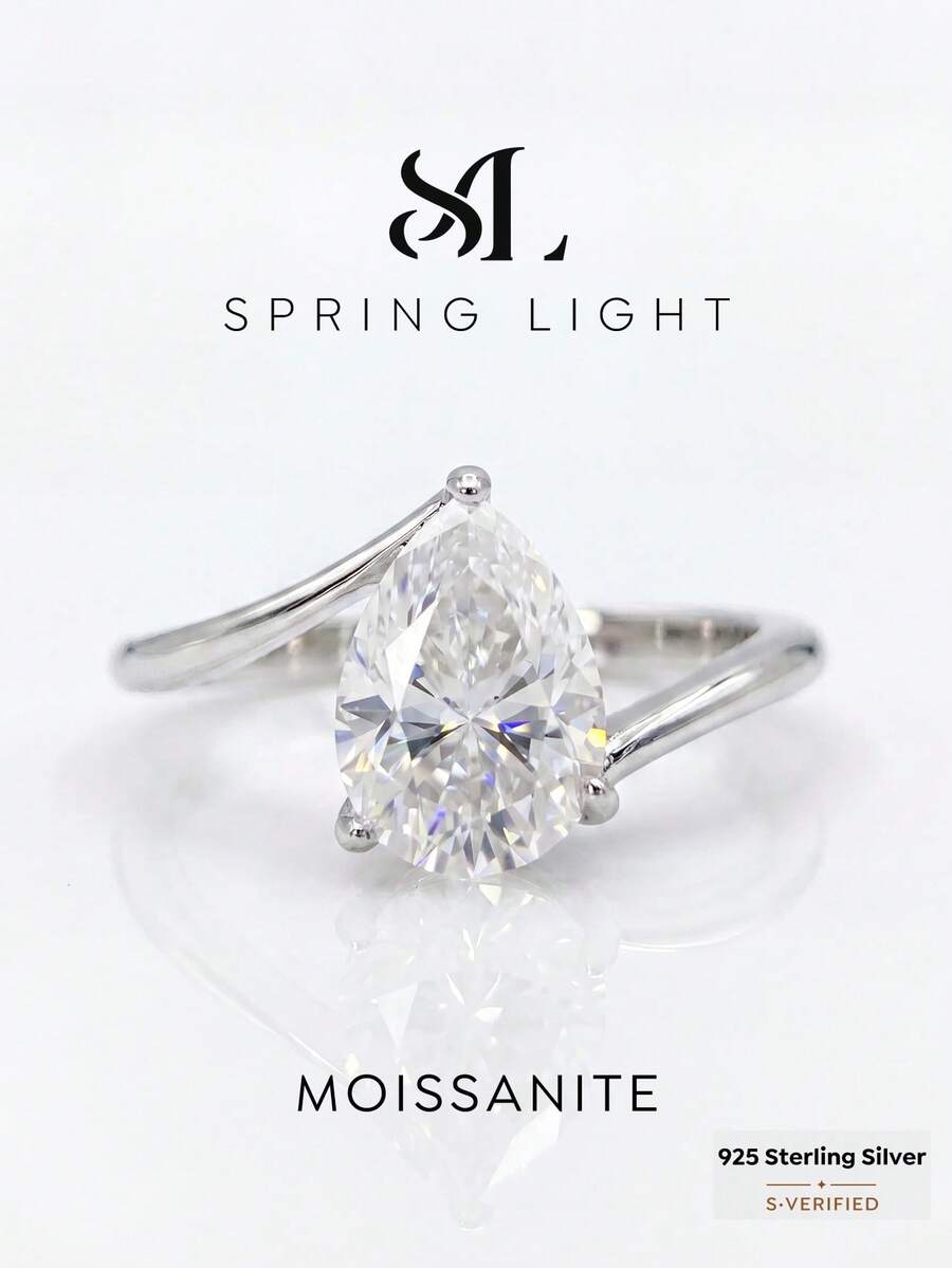 1 Pc 2CT Elegant & Luxurious Twisted-Band Pear-Shaped Moissanite Ring 925 Sterling Silver. Suitable For Weddings And Everyday Wear - Pear-shaped Moissanite Ring - 2CT - View 1