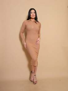 Helena Long-Sleeved Modal Knit Midi Dress For Autumn/Winter - 摩卡棕 - 查看 1