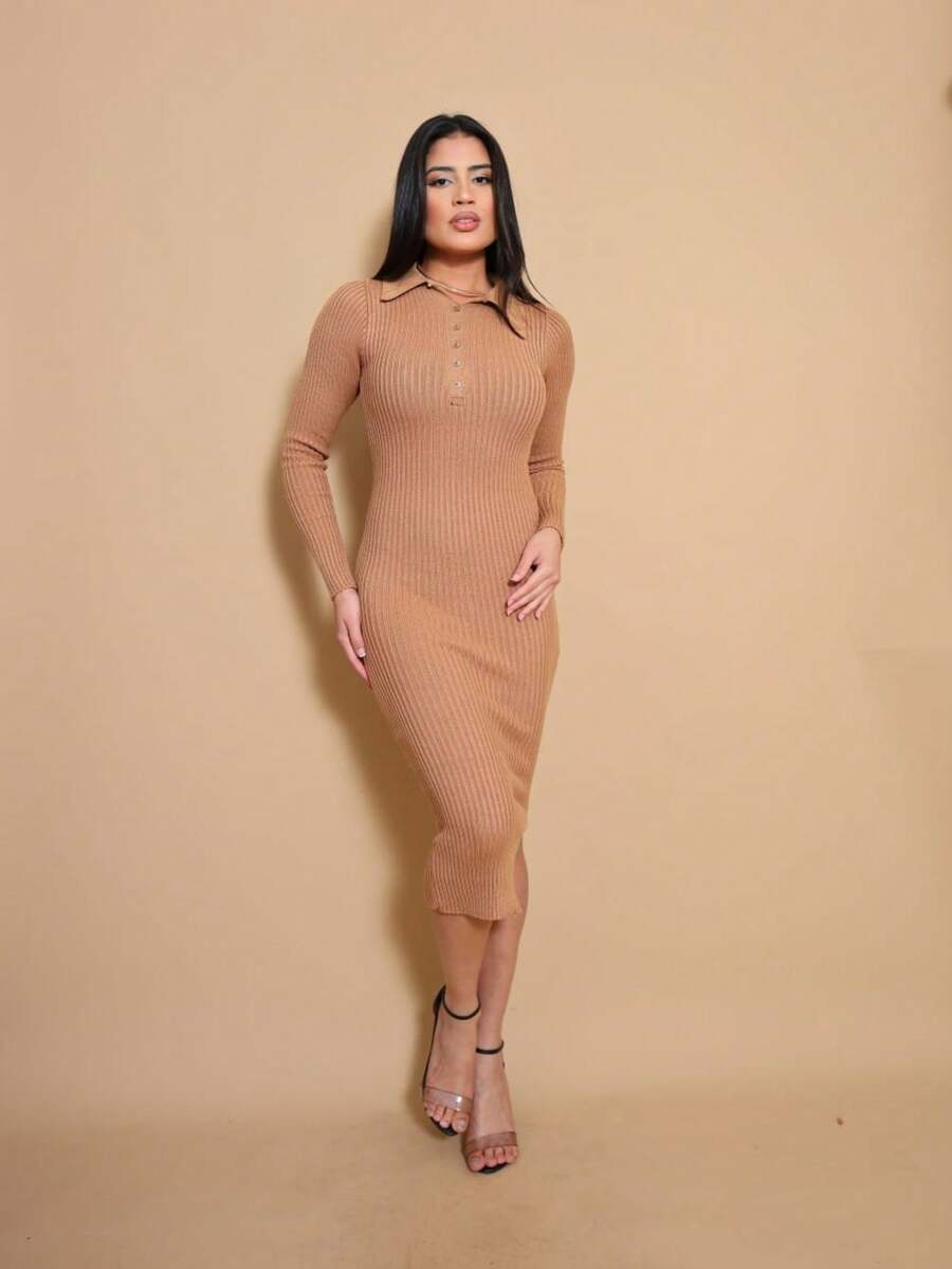 Helena Long-Sleeved Modal Knit Midi Dress For Autumn/Winter - 摩卡棕 - 查看 1