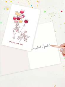 1pc Congratulations Card "Cheers To You!" With Envelope – Funny Wine Glass & Balloon Design – Blank Inside For Birthday, Success & Celebrations - A - View 3