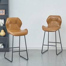 Set Of 2 Faux Leather Bar Stools, Modern Bar Chairs With Backrest, Metal Frame And Footrest, For Kitchen, Counter, Bar And Dining Room, Cognac Brown - 棕色 - 查看 2