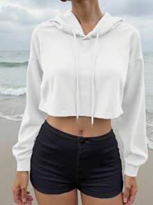 Women's Short Design Printed Sweatshirt, Multiple Colors Available, Women's Short Thick Drawstring Hooded Gray Sweatshirt Suitable For Outdoor Sports, Running, Gym Activities White Spring - White - View 6