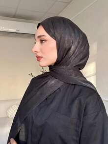 1pc Women's Basic Solid Color Silk-Like Shiny Soft Headscarf, Arabian Casual Long Scarf, Conservative Plain Hijab For Daily Use - Black - View 3