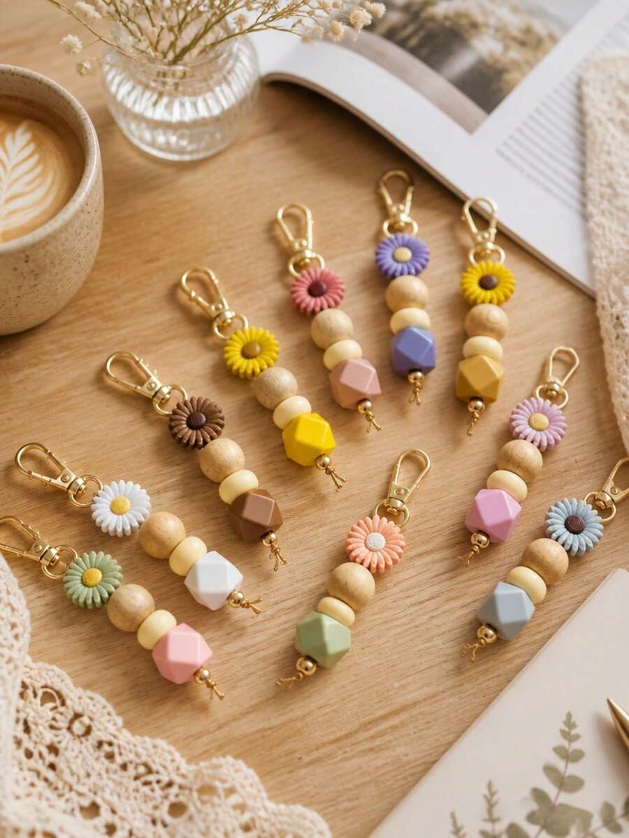 Cute Daisy Beaded Bag Charm Kawaii Pastel Floral Pendant Boho Silicone Bead Decor Keychain & Car Accessories For Purse Backpack Daily Wear Birthday Gift - Flower - View 1